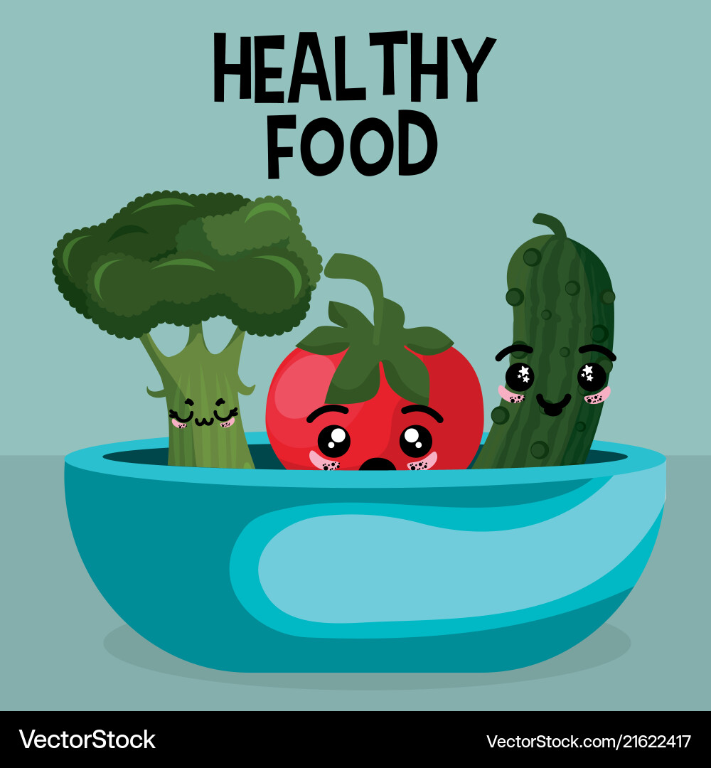 Fresh vegetables in bowl kawaii character Vector Image