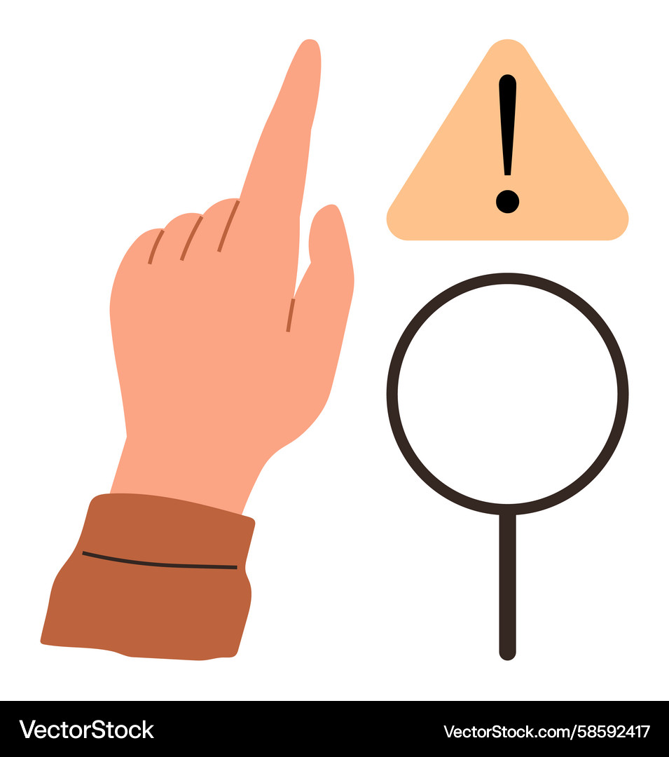 Hand pointing at exclamation mark with magnifying Vector Image