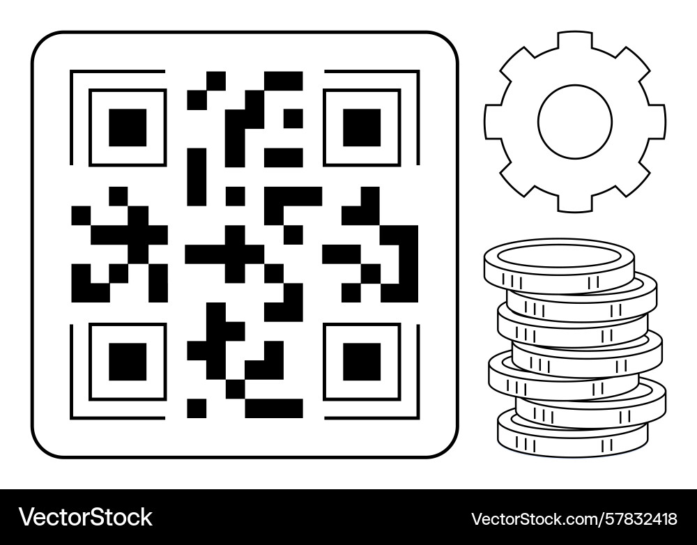 Qr code with gear and coin stack representing Qr code with gear and coin stack representing vector image