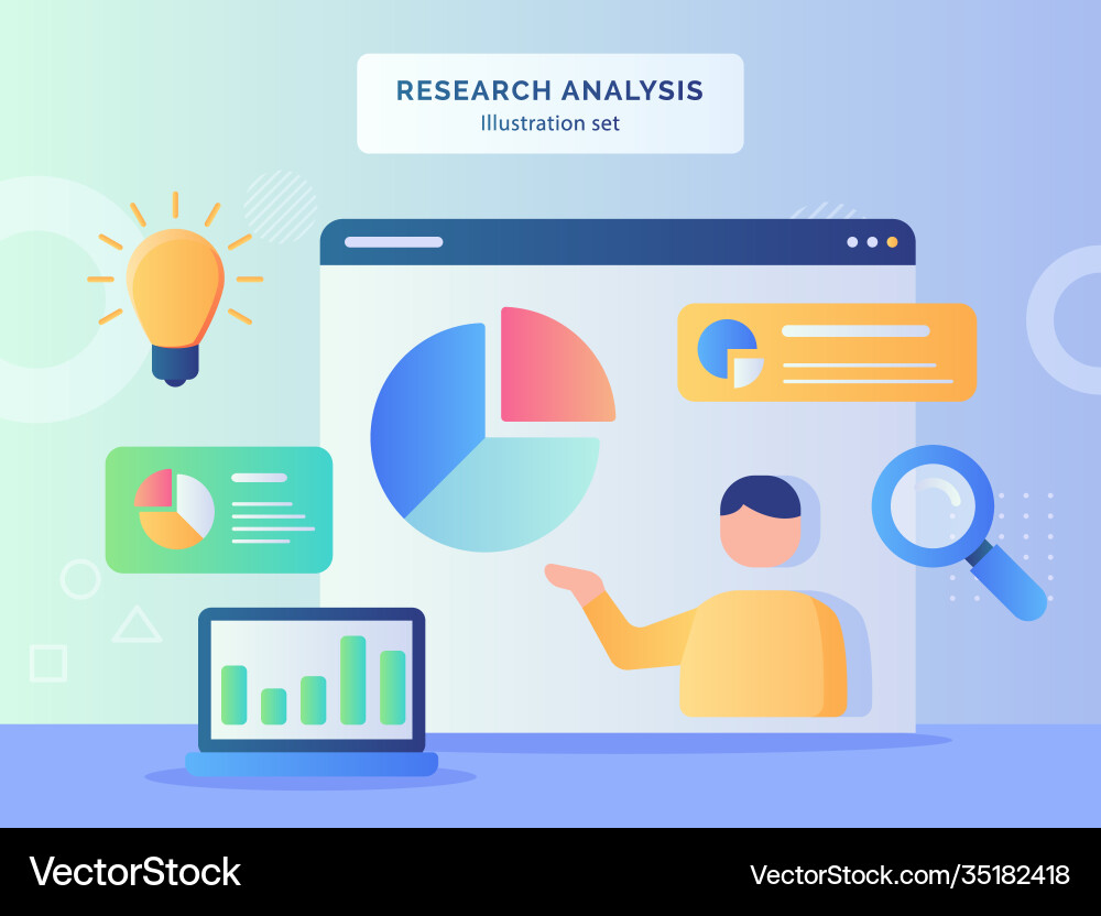 Research analysis set men analyzing data Research analysis set men analyzing data vector image