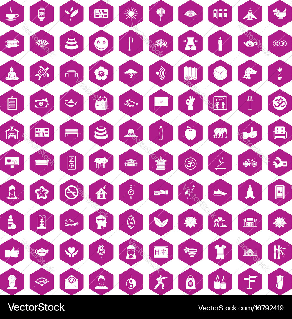 100 yoga studio icons hexagon violet Vector Image