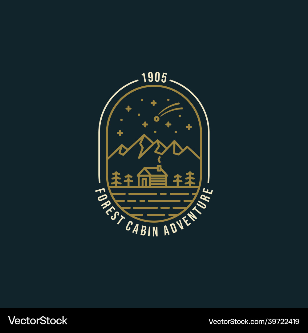 Forest cabin adventure night view line art logo Forest cabin adventure night view line art logo vector image
