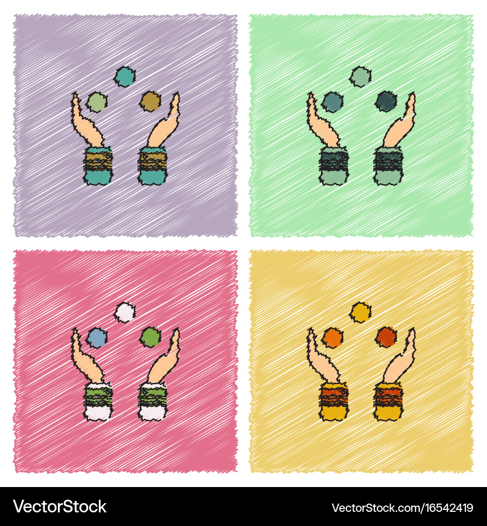 Hands juggling with balls in hatching style vector image