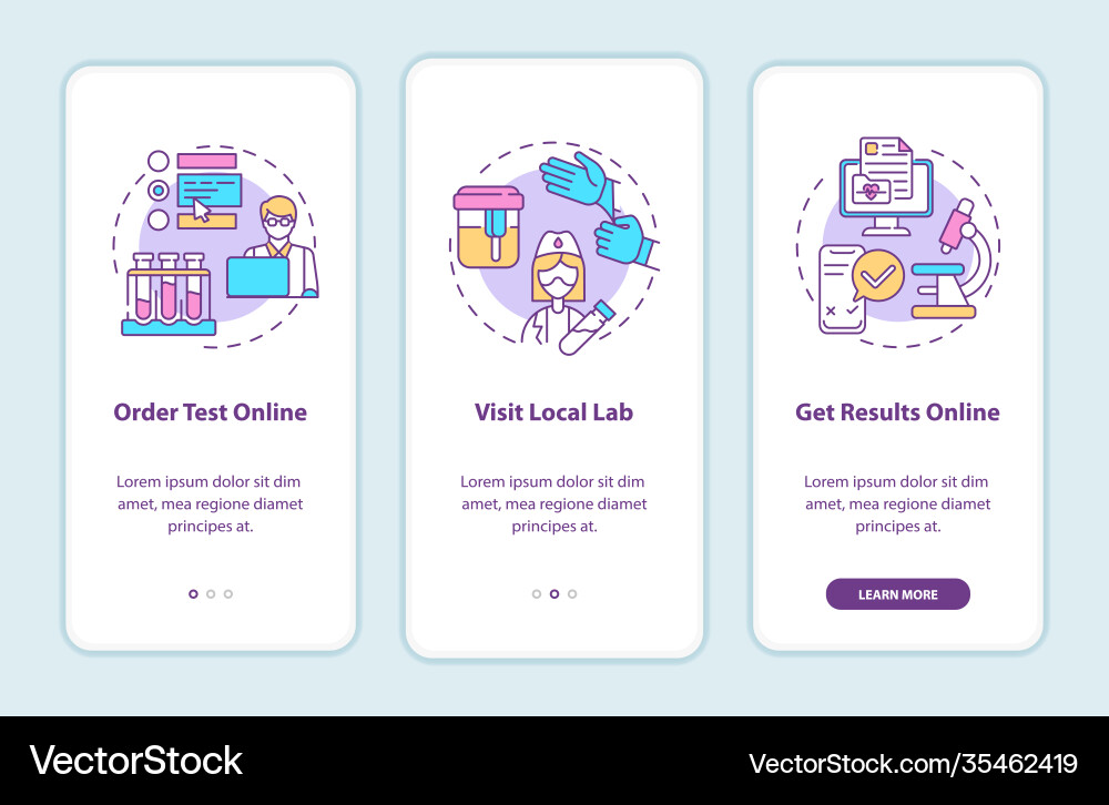 Lab test ordering steps onboarding mobile app Lab test ordering steps onboarding mobile app Vector Image