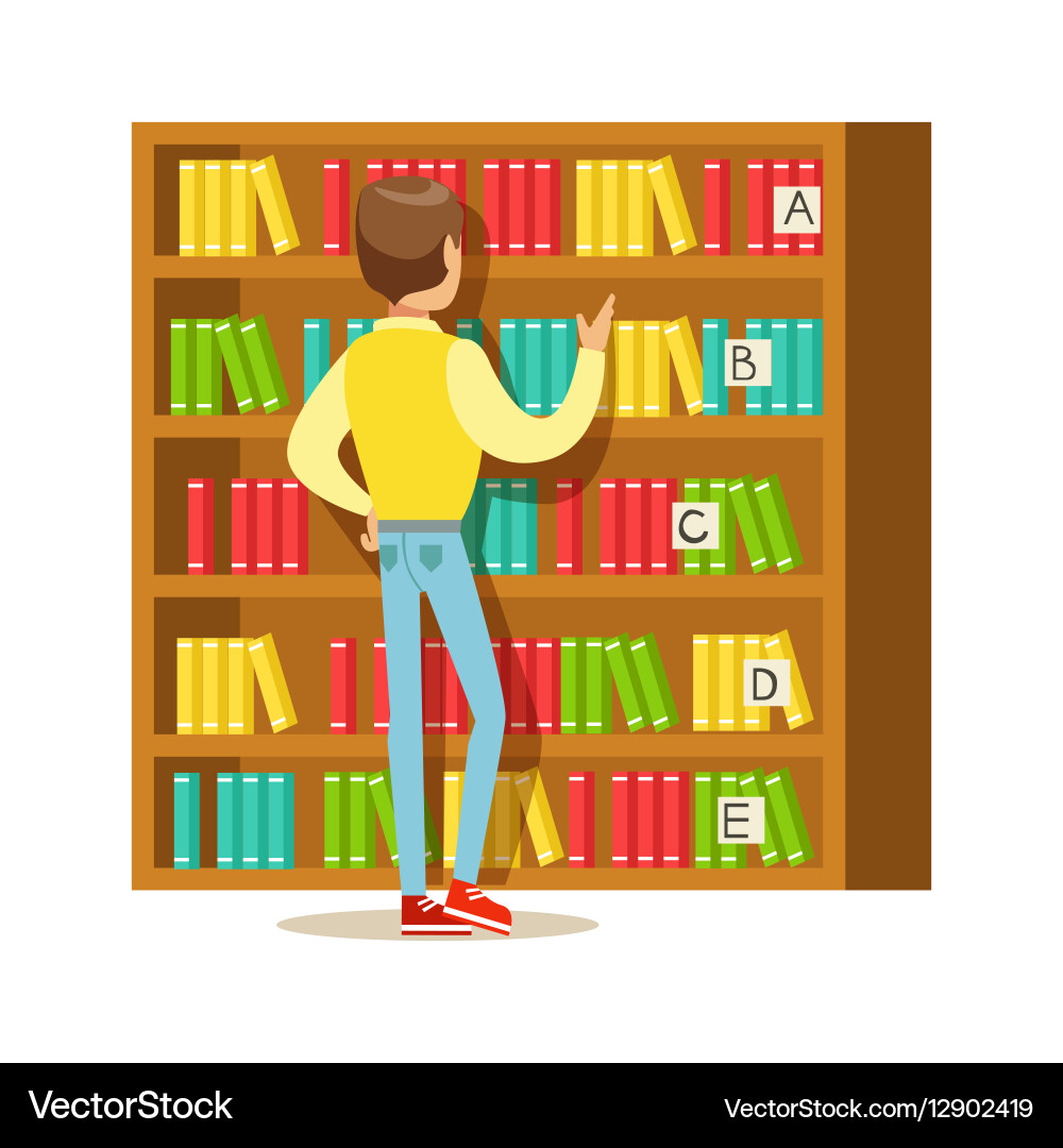 Man choosing a book from the bookshelf smiling vector image
