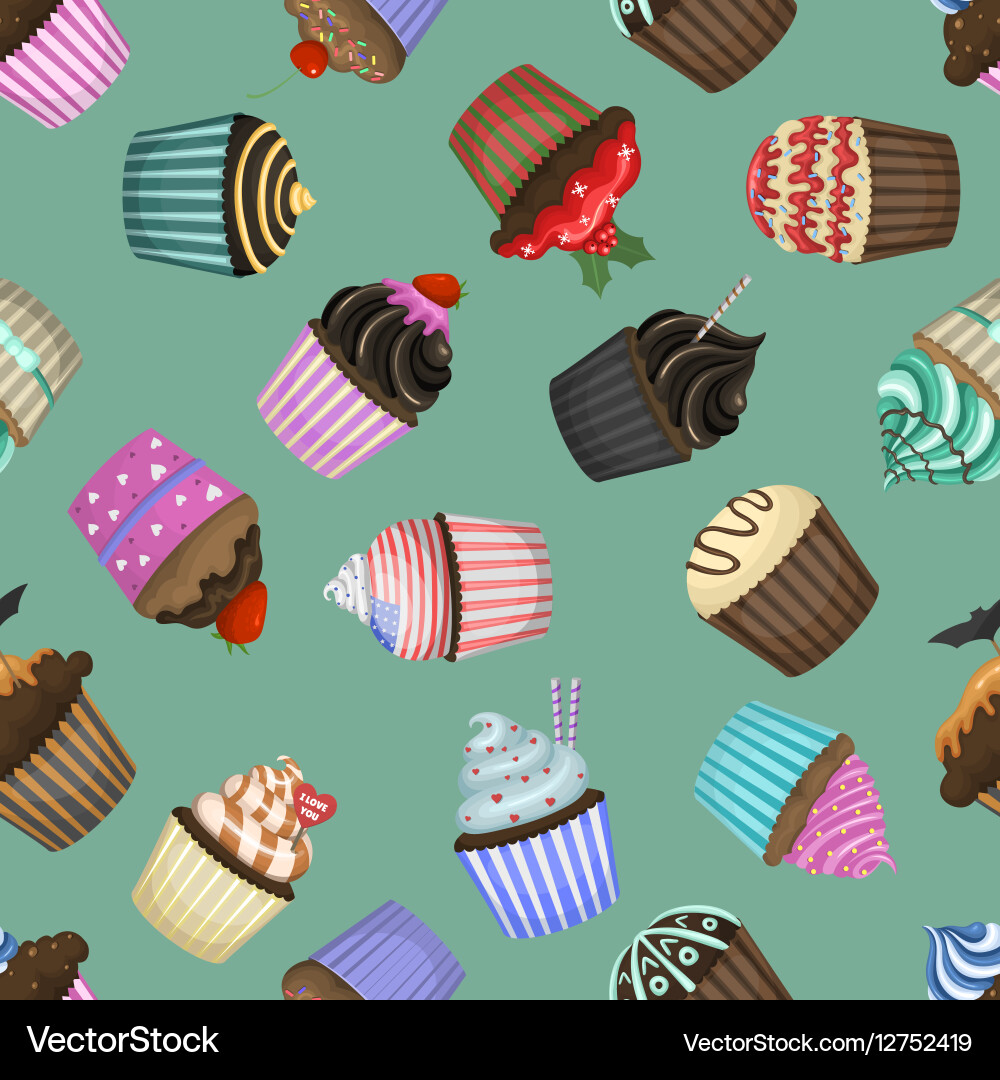 Seamless pattern with different cupcakes vector image