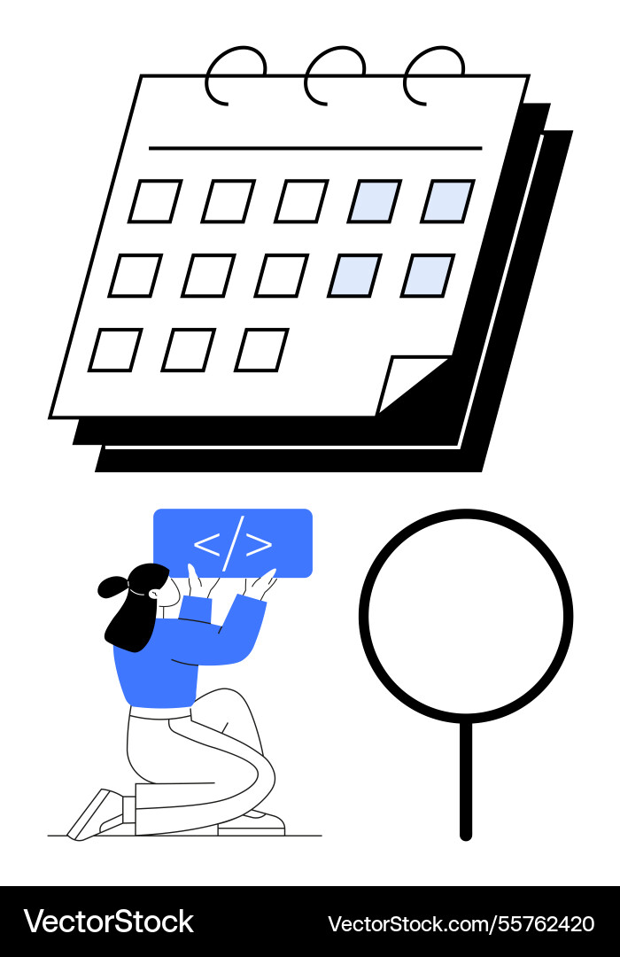 Developer kneeling with coding panel near calendar Developer kneeling with coding panel near calendar vector image