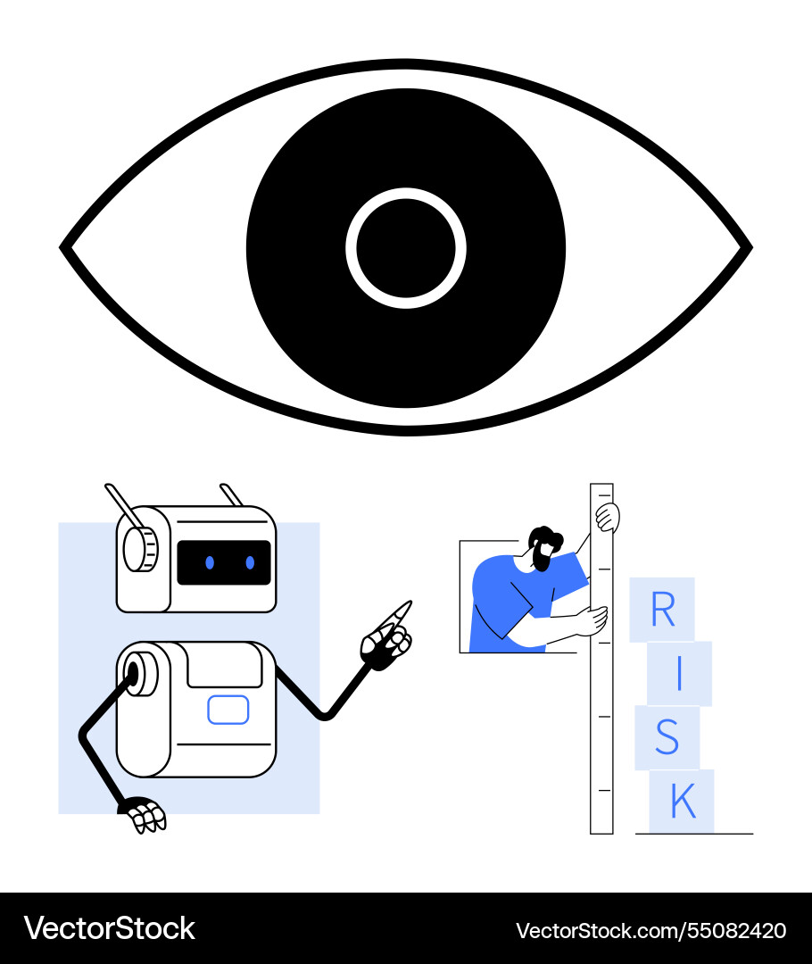 Eye symbol with robot pointing and man stacking Eye symbol with robot pointing and man stacking vector image
