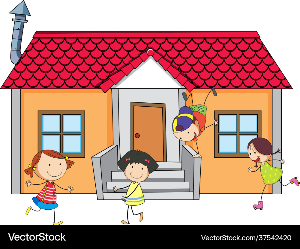 Front view a house with many kids on white Vector Image