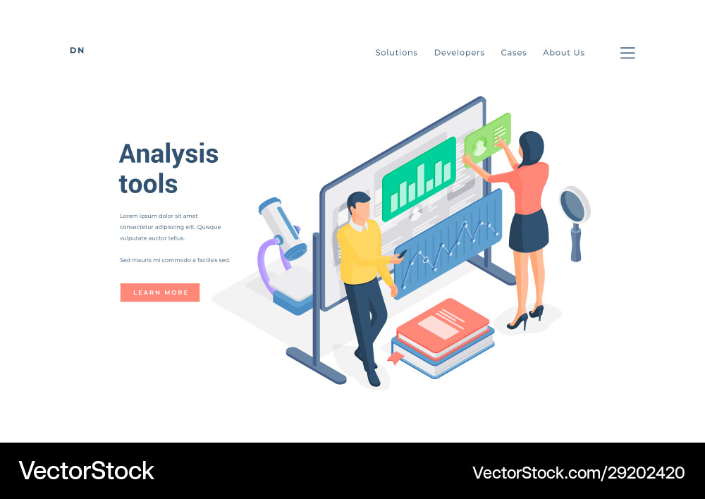 Scientists using various analysis tools isometric Scientists using various analysis tools isometric vector image