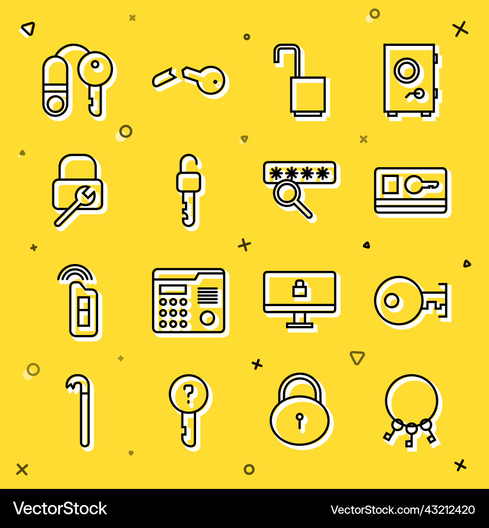 Set line bunch of keys key card open padlock Set line bunch of keys key card open padlock vector image