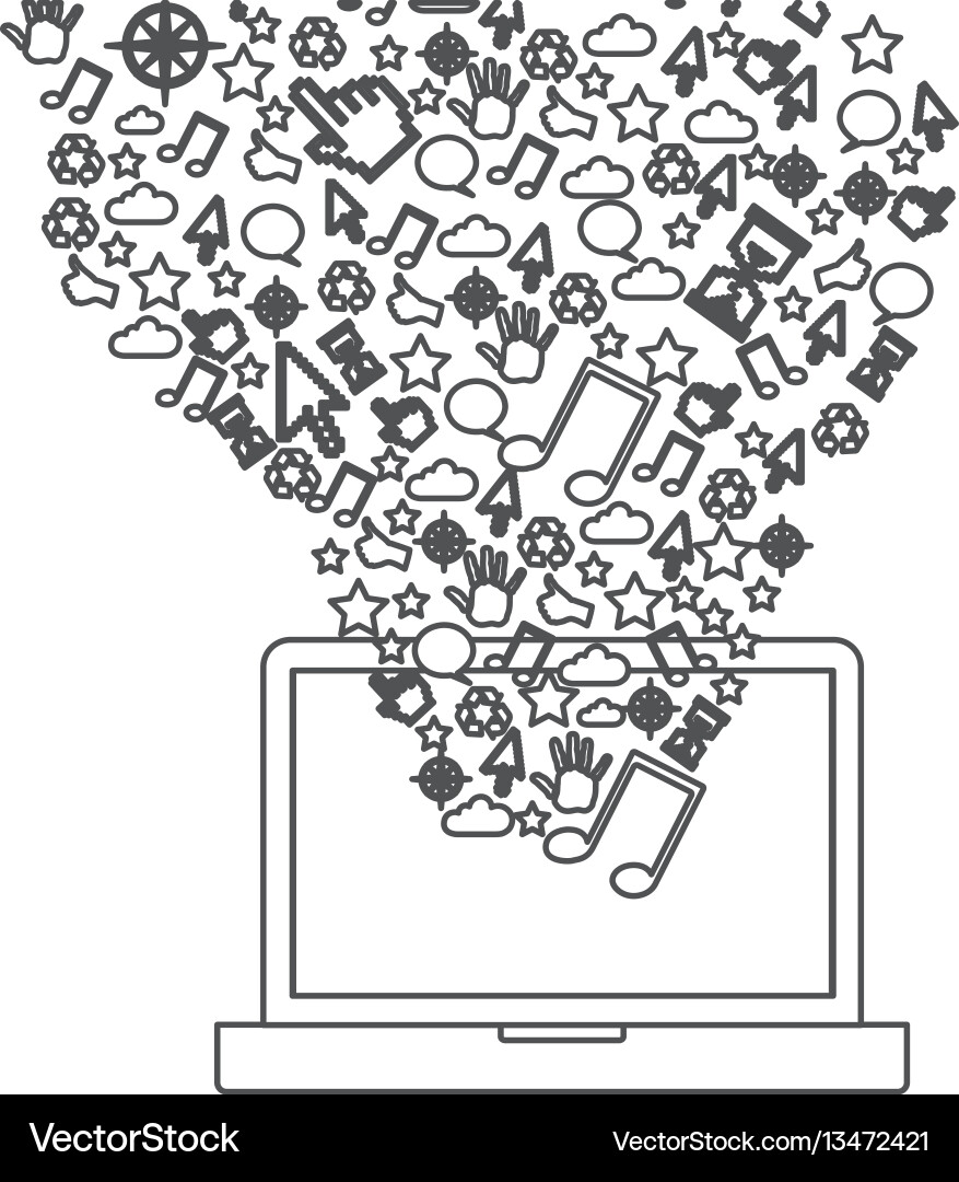 Grayscale contour with laptop and internet icons Vector Image