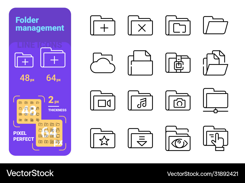 Set folder management simple lines icons vector image