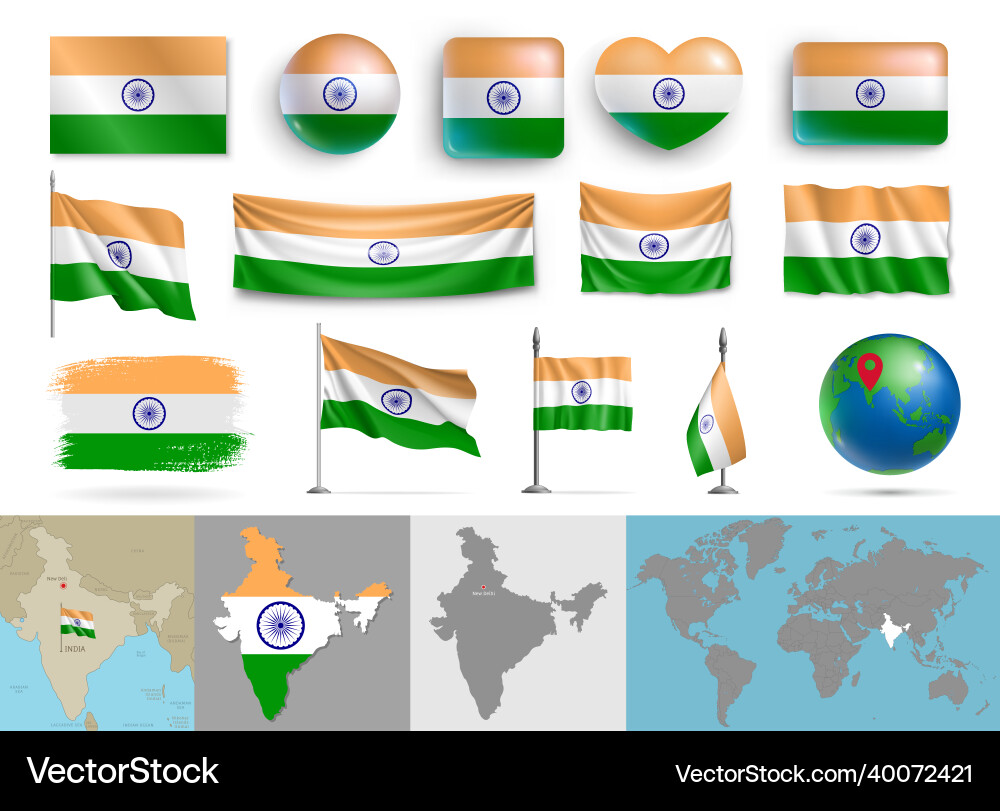 Set of india flags various shapes and maps Set of india flags various shapes and maps Vector Image