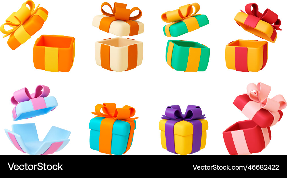 Geschenkbox 3d präsentiert Boxen mit Schleifen und Band Geschenkbox 3d präsentiert Boxen mit Schleifen und Band vektorbild