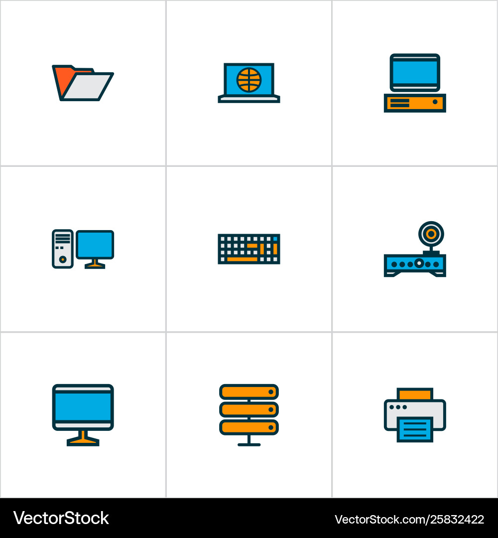 Hardware icons colored line set with folder vector image