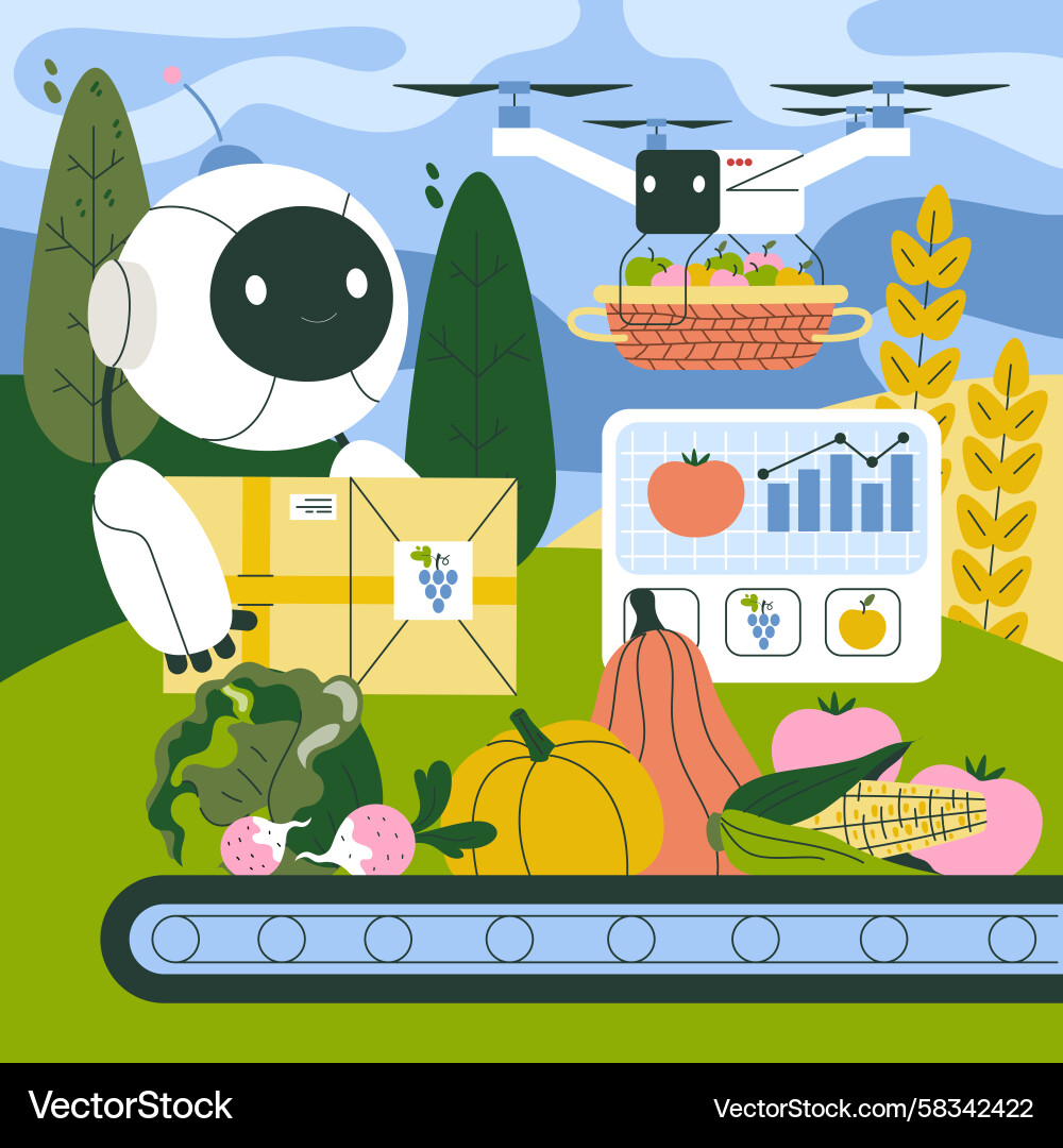 Robot Farm Sorting with Drone Delivery Vector Image
