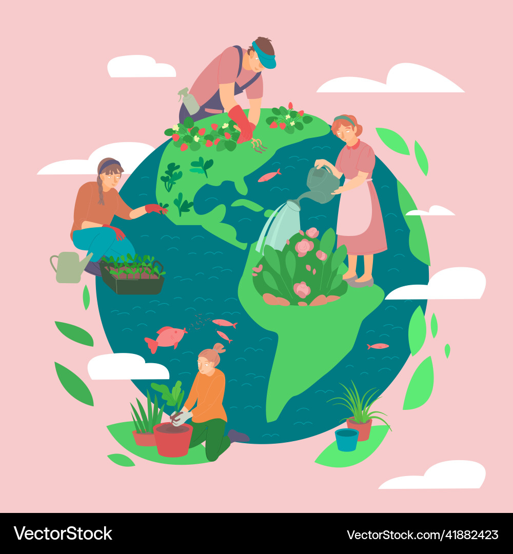 Menschen pflanzen und gartensparen den Planeten Menschen pflanzen und gartensparen den Planeten vektorbild