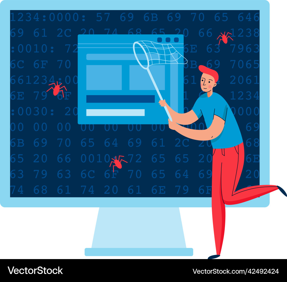 Bug catching programmer composition Bug catching programmer composition vector image