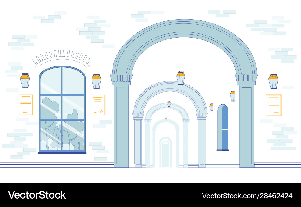 Long and empty university corridor with lanterns Long and empty university corridor with lanterns vector image