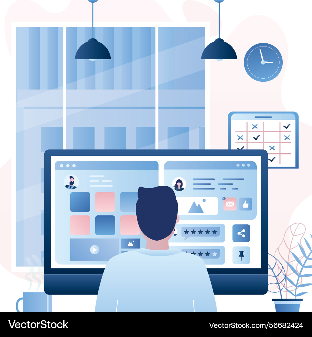 Man back view sits in front of the monitor screen Man back view sits in front of the monitor screen vector image
