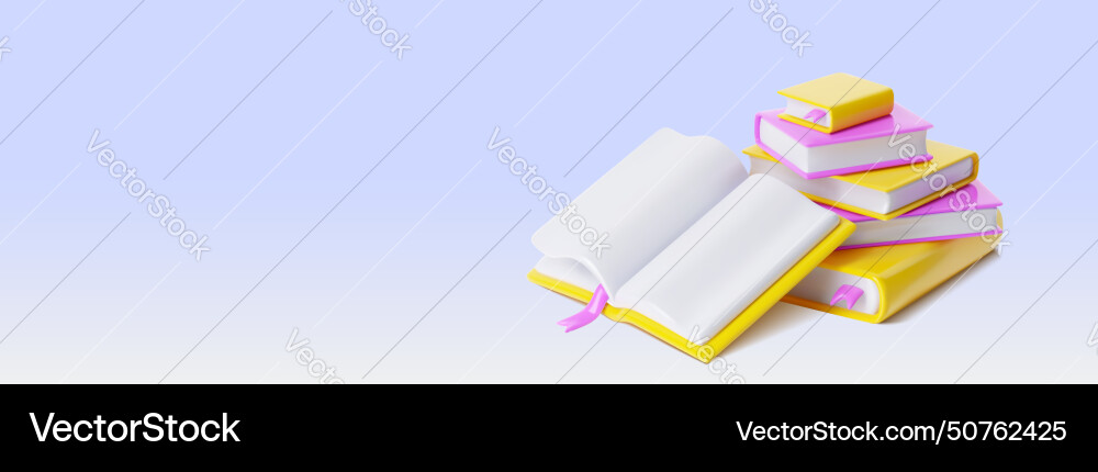 Close book stack with open one 3d vector image