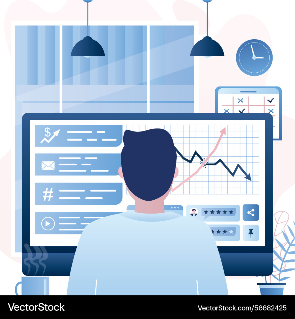 Man back view sits in front of the monitor screen Man back view sits in front of the monitor screen vector image