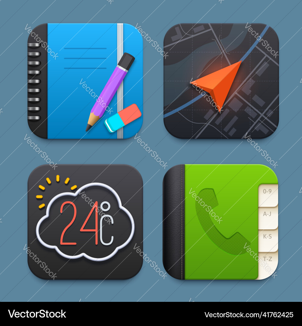 Notebook navigation phone book and weather icons vector image