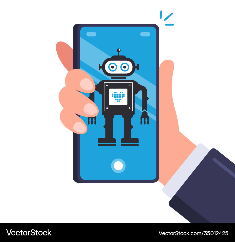 Smart robot in men smartphone android on a mobile Smart robot in men smartphone android on a mobile Vector Image