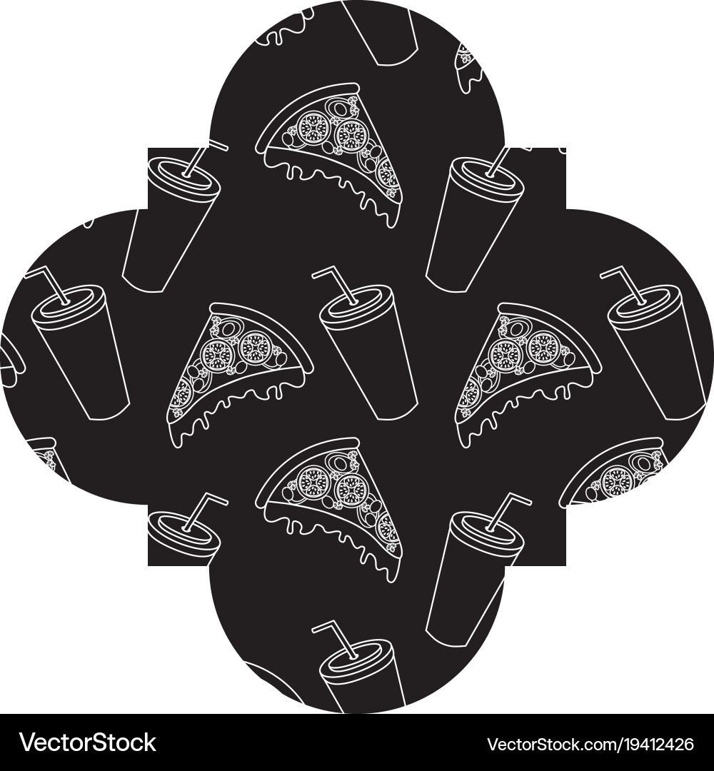 Frame with pizza and soda pattern background Vector Image
