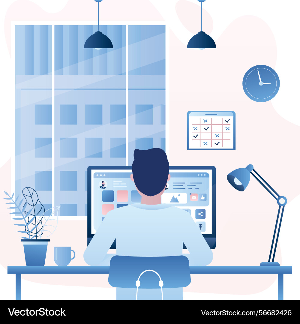 Man back view sits in front of the monitor screen Man back view sits in front of the monitor screen vector image