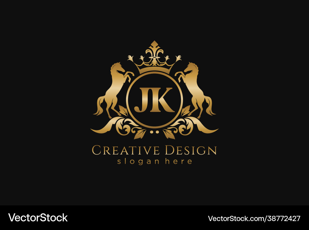 Initial jk retro golden crest with circle and two vector image