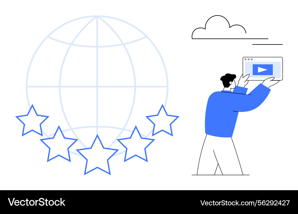 Man holding a video player tab with global Man holding a video player tab with global Vector Image