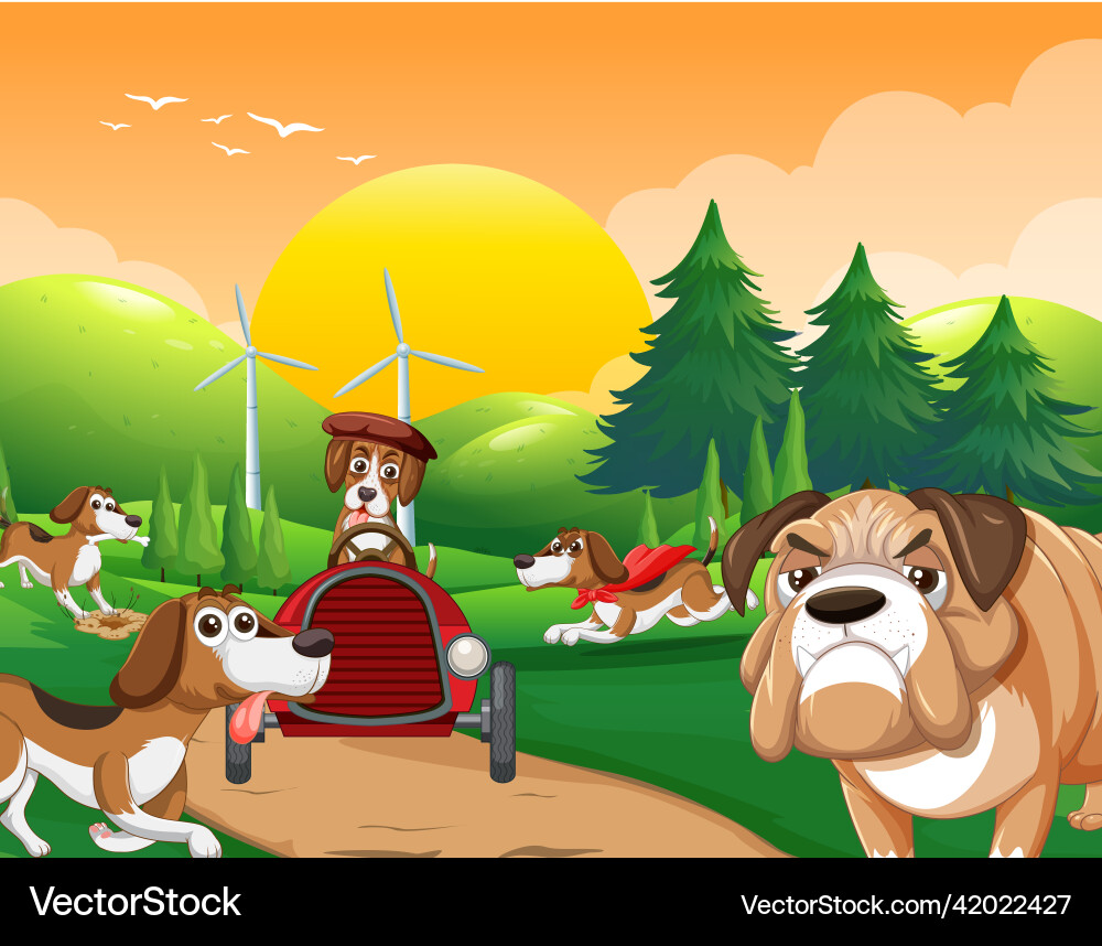 Parkszene mit vielen Hunden Karikatur Parkszene mit vielen Hunden Karikatur vektorbild