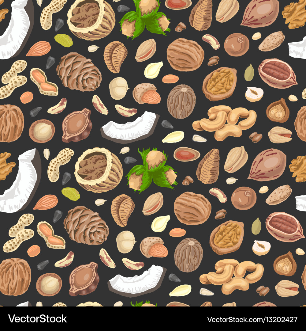 Seamless pattern with colored nuts and seeds vector image