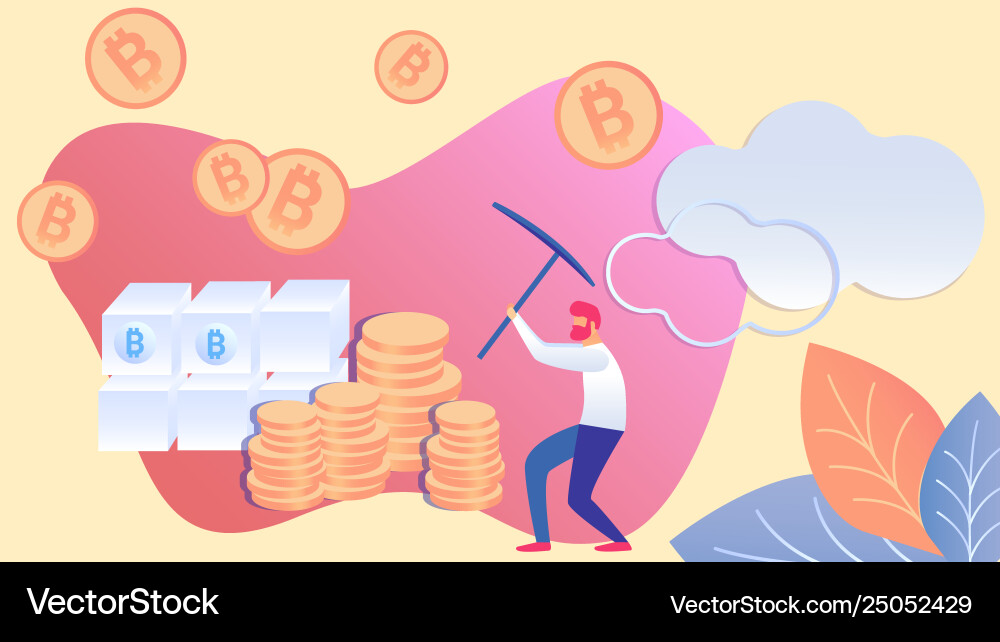 Man mining bitcoin with pickaxe flat Man mining bitcoin with pickaxe flat vector image