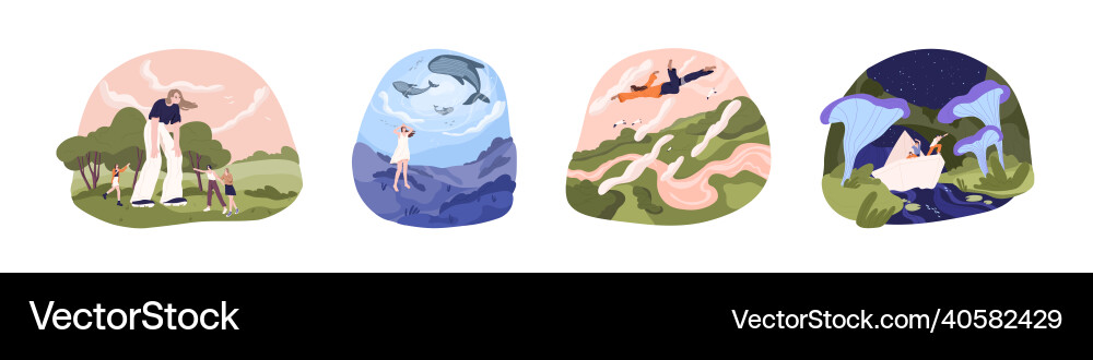 Night dreams and fantasies set with people flying Night dreams and fantasies set with people flying vector image
