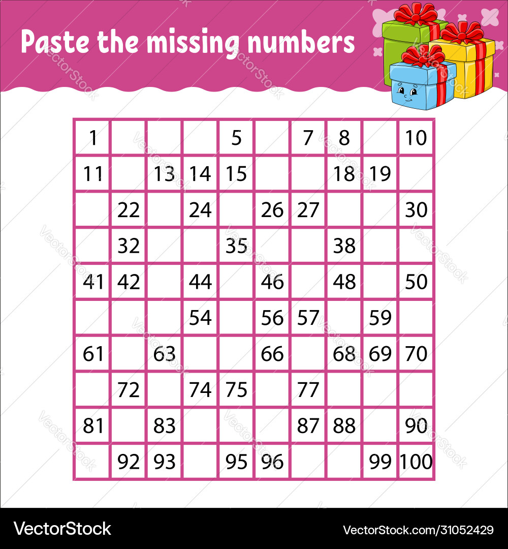 Paste missing numbers from 1 to 100 Paste missing numbers from 1 to 100 vector image