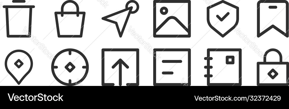 Set 12 thin outline icons such as lock file Set 12 thin outline icons such as lock file vector image