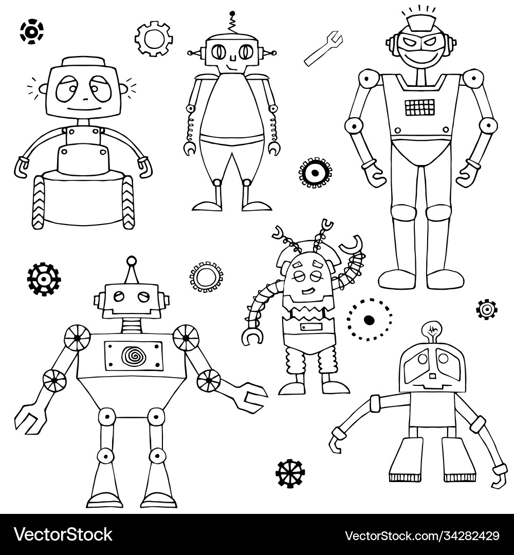 Set sketch robots monochrom print for fabric Set sketch robots monochrom print for fabric vector image