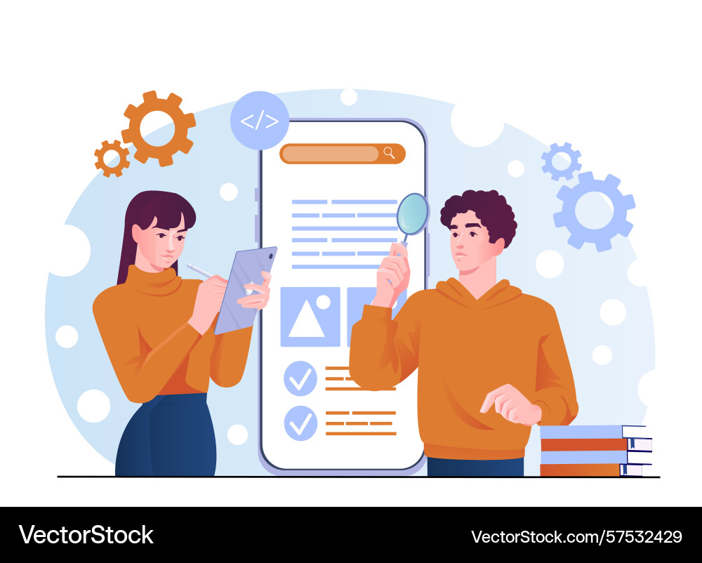 Team analyzing mobile interface layout Team analyzing mobile interface layout vector image