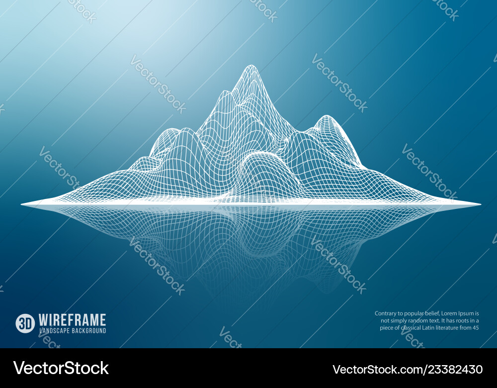 Abstract wireframe mountain with reflection 3d vector image