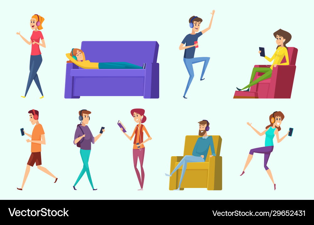 Relaxing characters peoples listening music vector image