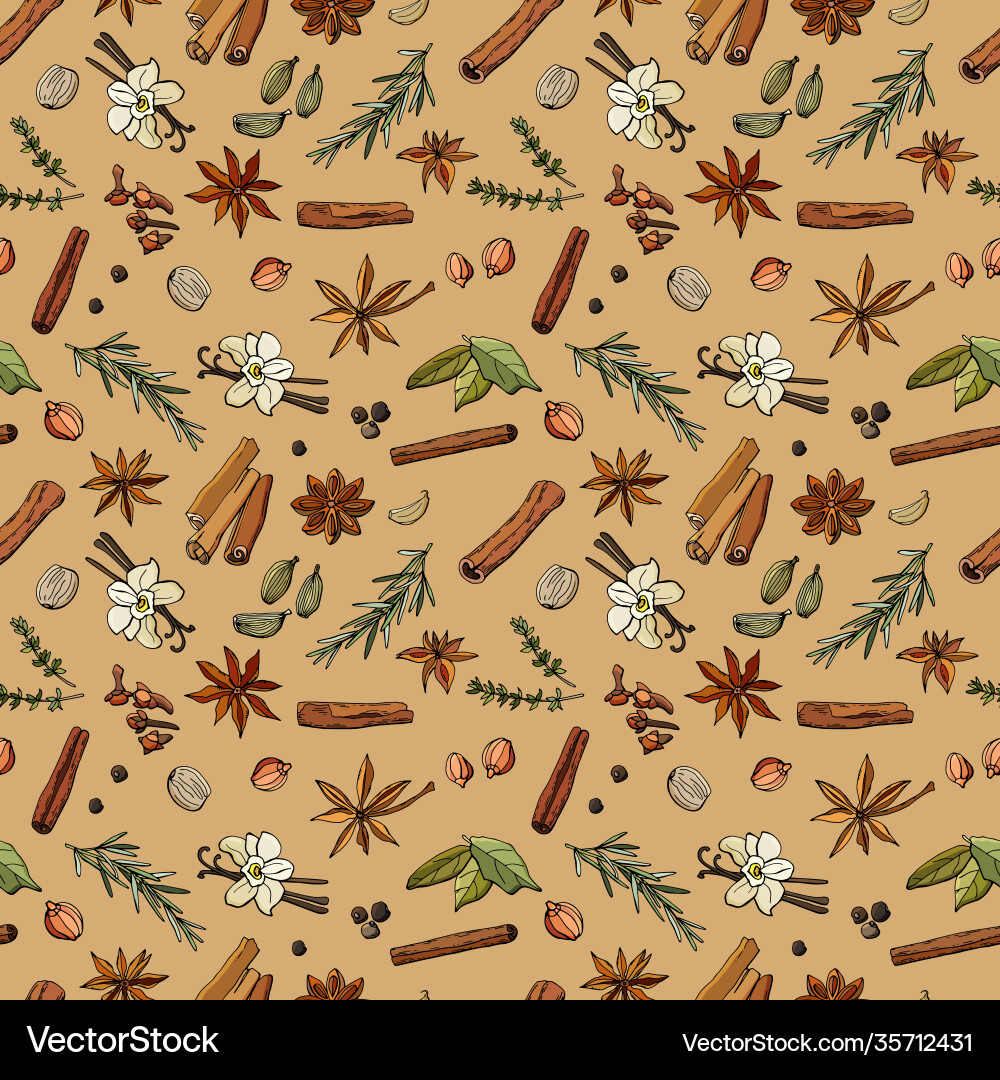 Seamless pattern with various spices Seamless pattern with various spices Vector Image