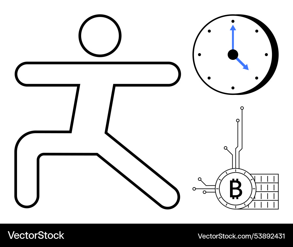 Stick figure stretching with clock and bitcoin Stick figure stretching with clock and bitcoin Vector Image