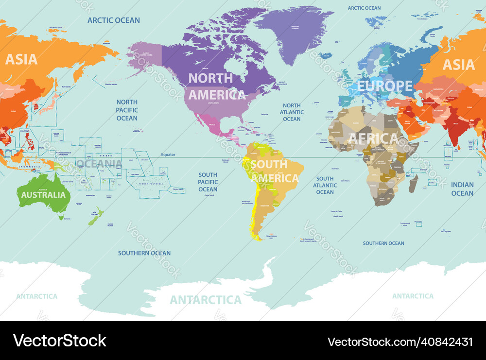 World map colored by continents and centered Vector Image