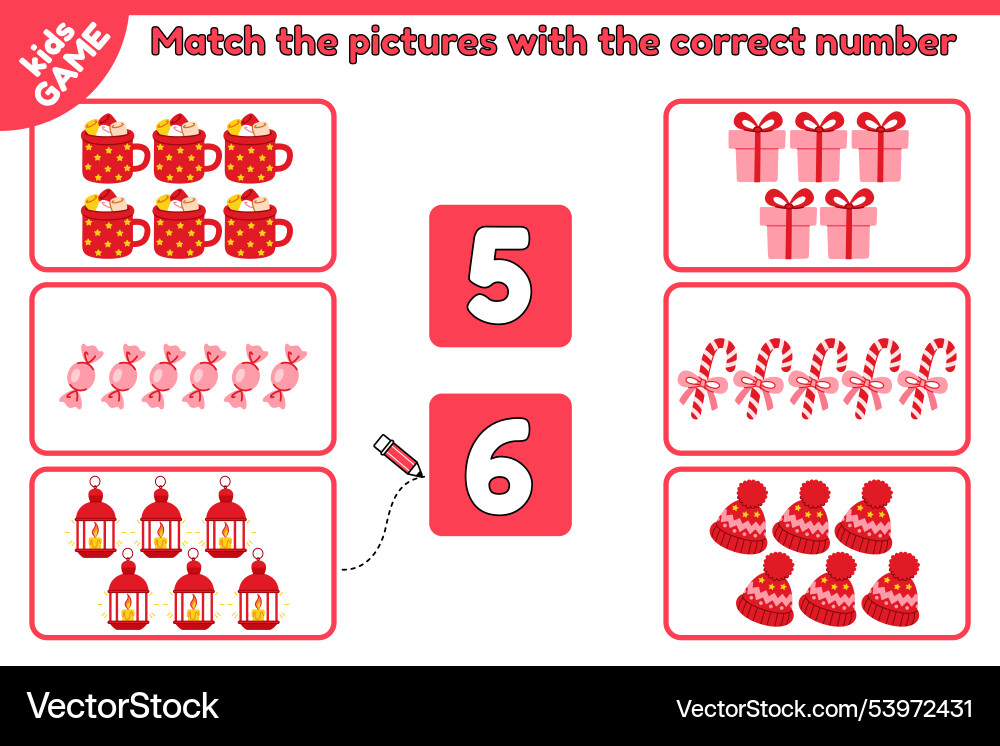 Xmas math game match objects with correct number Xmas math game match objects with correct number Vector Image
