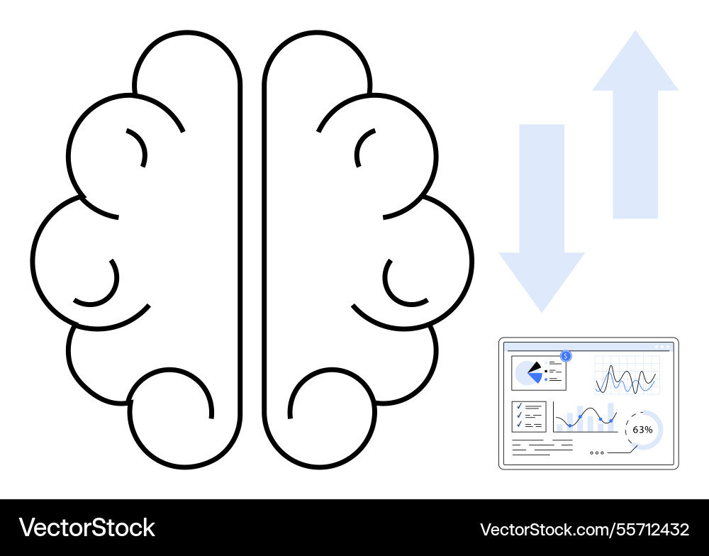 Brain and data dashboard with arrows symbolizing Brain and data dashboard with arrows symbolizing vector image