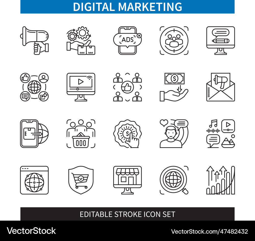 Digital marketing editable stroke icon set vector image