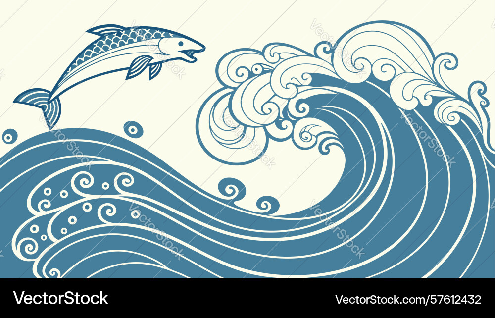 Dynamic crashing ocean wave with leaping dolphins Vector Image